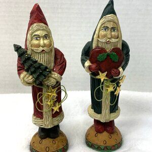 Santa Claus Christmas Figurines Set of 2 Decor w/ Heart & Tree